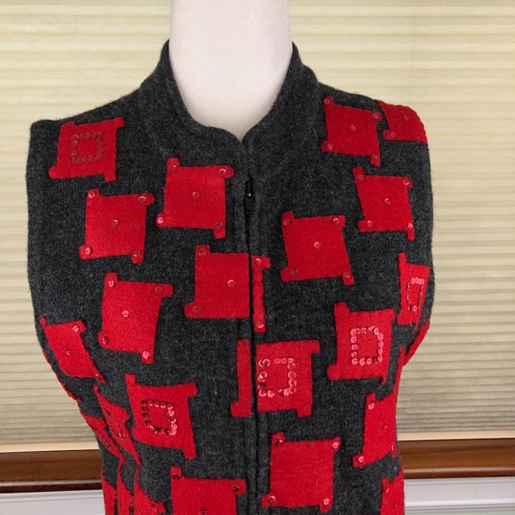 Susan Bristol 2001 Hand Embroidered Sequins Red & Gray Lambswool Front Zip Vest - Picture 5 of 15